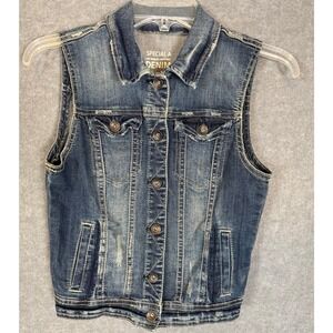 Festival Denim Vest S Blue Distressed Cropped Button Up Jean Jacket Western Boho